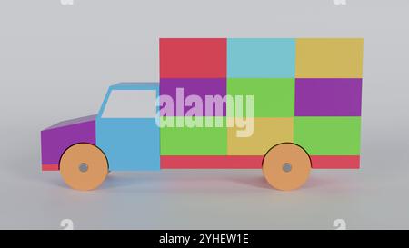 Camion jouet en bois coloré. Parfait pour les projets pour enfants, la conception de produits et les illustrations. Transmet la nostalgie et la joie. illustration 3d. Banque D'Images