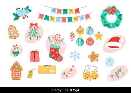 Ensemble de vecteurs isolés d'éléments clipart de Noël. Jolis ornements festifs de Noël, bas, gui, cadeaux et autres symboles de vacances de Noël Illustration de Vecteur