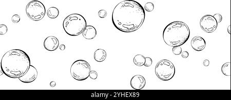 Bulles d'eau bleues de différentes tailles et tons dans un ordre chaotique. Dessin linéaire graphique, dessiné à la main en noir et blanc monochrome. nautique Illustration de Vecteur