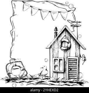 Une cabine rayée en bois pour un pêcheur sur l'herbe avec un cercle de sauvetage, une mouette, une guirlande de drapeaux. Dessin linéaire graphique, dessiné à la main en noir Illustration de Vecteur