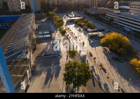 Vue aérienne de la place de la Romareda au coucher du soleil Banque D'Images