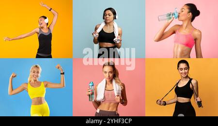 Femmes diverses s'engageant dans des activités de remise en forme contre des milieux dynamiques Banque D'Images