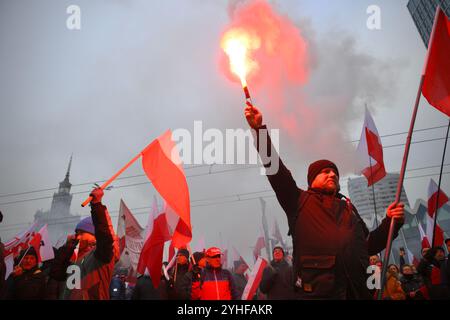 Varsovie, Pologne. 11 novembre 2024. Les gens participent à une marche marquant le jour de l'indépendance de la Pologne à Varsovie, Pologne, le 11 novembre 2024. Crédit : Jaap Arriens/Xinhua/Alamy Live News Banque D'Images