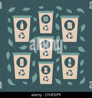 Bacs de recyclage avec icônes de déchets. Illustration de Vecteur