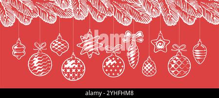 Décorations festives suspendues sur des branches de sapin de Noël. Illustration vectorielle de bannière horizontale du nouvel an Illustration de Vecteur