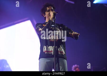 Padoue, Italie - 09 novembre 2024 : Tananai se produit en concert à la Kioene Arena de Padoue pour sa tournée 'Calmocobra Live 2024'. Banque D'Images