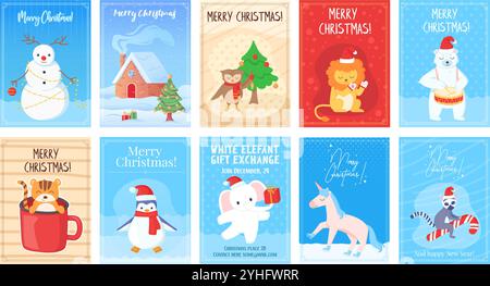 Ensemble de cartes de Noël mignonnes avec des animaux et des personnages festifs Illustration de Vecteur