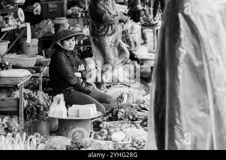 Un vendeur de marché au Vietnam, habillé en tenue traditionnelle, est assis parmi les produits vibrants d'un marché de rue animé, capturé en noir et blanc. Banque D'Images