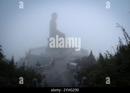 Une grande statue de Bouddha enveloppée de brume, perchée au sommet d'une montagne, avec des marches de pierre qui y mènent, créant une atmosphère sereine et mystique. Banque D'Images