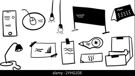 Office Objects Theme illustration Pack | vecteur minimaliste de style Doodle Illustration de Vecteur