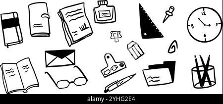 Office Objects Theme illustration Pack | vecteur minimaliste de style Doodle Illustration de Vecteur