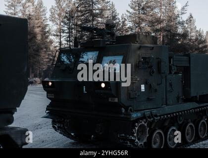 Un soldat des États-Unis, affecté à la 41e brigade d'artillerie de campagne, est assis dans un système de fusées à lancement multiple M270 devant un convoi lors du front dynamique 25 à Rovajärvi, Finlande, le 9 novembre 2024. Dynamic Front 25 aura lieu du 4 au 24 novembre 2024, en Finlande, Estonie, Allemagne, la Pologne, et la Roumanie, et démontre la capacité de l’OTAN à partager des informations sur les cibles des missions de tir et des graphiques opérationnels de l’Arctique à la mer Noire. Il accroît la létalité de l'Alliance par des incendies de longue distance, renforce la préparation des unités dans un environnement multinational conjoint complexe et tire parti des capacités du pays hôte Banque D'Images