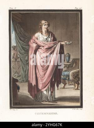 Clytemnestra, épouse d'Agamemnon, roi de Mycènes, personnage dans la tragédie de la guerre de Troie de Jean racine, Iphigénie ou Iphégénie, 1674. En diadème, cheveux en boucles, manteau cramoisi, robe blanche, tenant une lettre dans un campement militaire. Clytemnestre. Gravure sur cuivre colorée à la main par Pierre-Michel Alix d’après une illustration de Philippe Chéry tirée des recherches sur les costumes et sur les théâtres de toutes les Nations de Jean-Charles le Vacher de Charnois, M. Drouhin, Paris, 1790. Banque D'Images