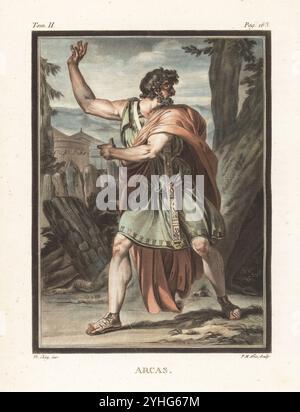 Arcas, serviteur d'Agamemnon, roi de Mycènes, personnage de racine's Trojan War Tragedy Iphigénie, 1674. En manteau, tunique courte, sandales, épée en fourreau, debout devant un campement militaire. Gravure sur cuivre colorée à la main par Pierre-Michel Alix d’après une illustration de Philippe Chéry tirée des recherches sur les costumes et sur les théâtres de toutes les Nations de Jean-Charles le Vacher de Charnois, M. Drouhin, Paris, 1790. Banque D'Images