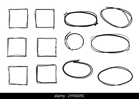 Illustration vectorielle des bordures d'art de ligne dessinées à la main carrées et ovales. Illustration de Vecteur