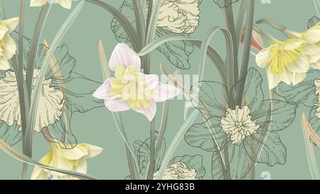 Motif floral sans couture, fleurs de jonquille avec des feuilles sur vert Illustration de Vecteur
