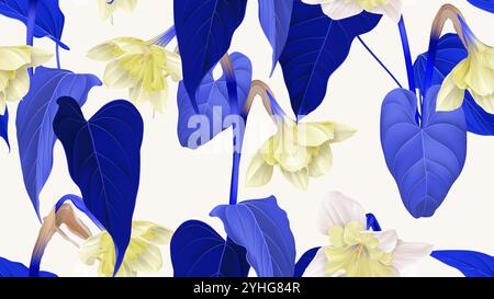 Motif floral sans couture, fleurs de jonquille avec des feuilles en bleu et jaune sur gris clair Illustration de Vecteur