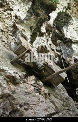 Sarcophage suspendu dans un site funéraire traditionnel du village de Kete Kesu, Tana Toraja, Sulawesi du Sud, Indonésie. Banque D'Images