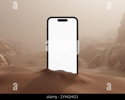 Maquette blanche d'écran de téléphone vierge dans le paramètre arrière-plan désert Banque D'Images