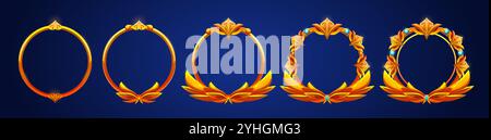 Cadres de jeu dorés décoratifs avec des niveaux grandissants de détails ornés. Bordures d'avatar circulaires de vecteur de dessin animé ornées d'éléments élégants et de bijoux. Indicateurs de classement des joueurs d'interface utilisateur ou emblèmes de réussite. Illustration de Vecteur
