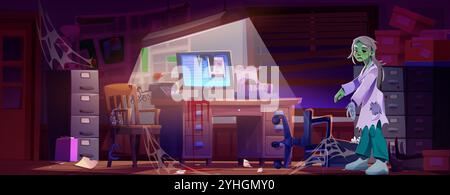 Bureau de détective déserté avec personnage zombie effrayant marchant parmi les meubles cassés et les toiles d'araignée. Vieil écran d'ordinateur, papiers éparpillés et table en bois endommagée. Bureau de police effrayant avec monstre. Illustration de Vecteur
