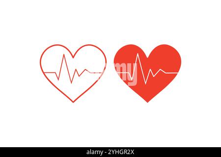 Cœur rouge avec pouls, icônes cœur avec pouls, collection d'icônes Heart beat, icône Heart beat, contour des battements cardiaques, ensemble d'icônes cœur de cardiogramme. Illustration de Vecteur