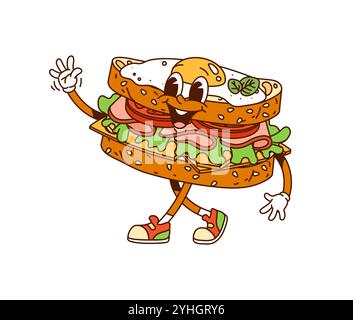 Dessin animé Groovy Egg sandwich fast food personnage marchant et agitant la main avec le visage souriant heureux. Pain de petit déjeuner rétro vecteur isolé avec garnitures de légumes et de saucisses, personnage alimentaire joyeux Illustration de Vecteur
