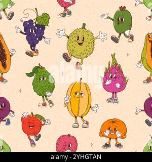 Dessin animé rétro groovy personnages de fruits tropicaux modèle sans couture, fond vectoriel. Groovy drôle durian avec papaye et mandarine fruits heureux, funky pitaya et feijoa avec fond de motif de raisin Illustration de Vecteur