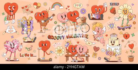 Personnages de la saint-valentin groovy de dessin animé et symboles d'amour rétro. Ensemble vectoriel de coeurs, fleur de Marguerite, ange amour, personnages de gâteau de mariage datant, célébrer les vacances, vélo d'équitation et skateboard, chanter Illustration de Vecteur