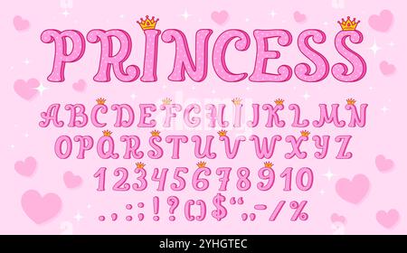 Police Queen, police princesse, type royal, alphabet roi avec de jolies couronnes dorées, ensemble de typographie vectorielle. Police des lettres et chiffres anglais abc à pois rose sur fond de princesse girly avec des coeurs Illustration de Vecteur