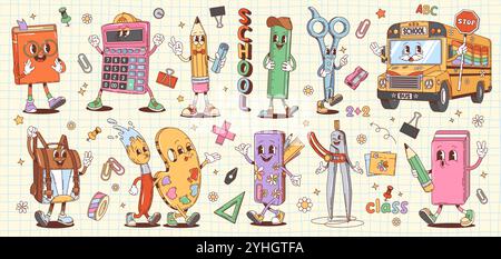 Personnages d'éducation scolaire groovy de dessin animé rétro, autocollants vectoriels de retour à l'école. Mignon crayon, livre d'étudiant, sac à dos, calculatrice et ciseaux papeterie et fournitures scolaires groovy personnages hippie Illustration de Vecteur