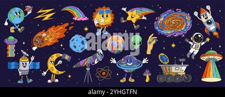 Personnages d'espace groovy de dessin animé rétro. Planètes, astronaute, fusée et extraterrestre, Terre, saturne, la foudre enfonce l'arc-en-ciel et les nuages. Soleil, galaxie, étoile, météore, ufo, lune et satellite avec télescope ou atome Illustration de Vecteur