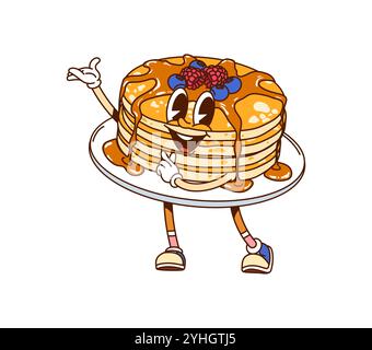 Pile de crêpes de dessin animé avec sirop et baies groovy caractère de restauration rapide ondulant joyeusement, ajoutant une ambiance ludique et douce au petit déjeuner. Vecteur isolé charmant et charmant personnage de pâtisserie rétro Illustration de Vecteur