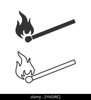 Allumette brûlante avec symbole d'icône de feu. Trait de dessin au trait. Faites correspondre le logo de la flamme du bâton. Inflammable, brûler, s'enflammer. Illustration vectorielle. Isolé sur bac blanc Illustration de Vecteur