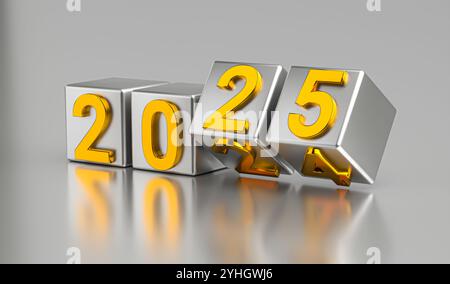 Concept de vacances du nouvel an. Les cubes portant le numéro 2025 remplacent 2024. Illustration abstraite Banque D'Images