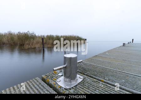 Une vue tranquille sur la lagune de Szczecin en novembre, avec une borne d'amarrage en métal sur une jetée et une eau calme. Banque D'Images