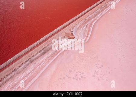 Lac rose avec un contraste clair entre la plaine salée et l'eau. Les roches et la saleté rouge ajoutent de la texture au paysage environnant. Banque D'Images