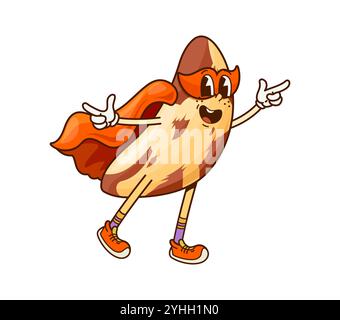 Groovy brazil nut super héros personnage en costume orange prêt à sauver la journée avec une force et une puissance surhumaines. Le noyau funky de vecteur de dessin animé se tient dans la pose puissante, prêt à relever tous les défis Illustration de Vecteur