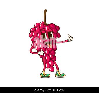 Personnage de fruit de raisin rétro groovy de dessin animé avec sourire funky sur le visage, emoji vecteur. Grappes de raisins groovy avec expression originale de la langue et du pouce vers le haut geste pour des fruits comiques dans le dessin animé rétro des années 70 Illustration de Vecteur