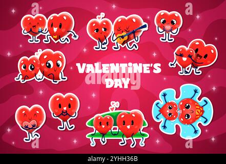 Autocollants de personnages de coeur de Saint-Valentin. Saint-Valentin coeur de vacances vecteur personnages faisant des activités romantiques. Couples d'amour heureux datant, jouant de la guitare et présentant le cadeau, pack d'autocollants Valentines Illustration de Vecteur