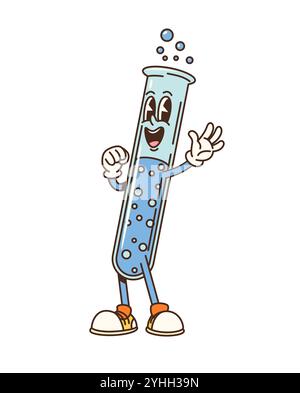 Personnage de flacon de tube à essai d'école groovy de dessin animé. Flacon rétro-chimique, verrerie de science funky. Bécher en verre de laboratoire vecteur isolé rempli d'une substance pétillante bleue, porte des baskets, prêtes pour l'éducation Illustration de Vecteur