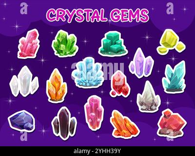 Autocollants pack de cristaux, pierres précieuses et bijoux, pierres précieuses de dessin animé vectoriel et strass ensemble. Stickers cristaux magiques de rubis et émeraude avec gemme en verre de quartz et saphir ou bijou en diamant Illustration de Vecteur