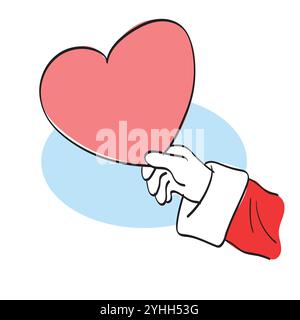 Gros plan main du Père Noël tenant grand vecteur d'illustration de coeur rouge dessiné à la main isolé sur fond blanc Illustration de Vecteur