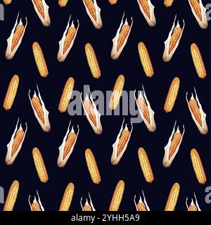 Répétition d'aquarelle, motif sans couture avec jaune, épis de maïs doux, maïs. Illustration d'aquarelle botanique dessinée à la main. Pour envelopper le tissu de papier peint Banque D'Images