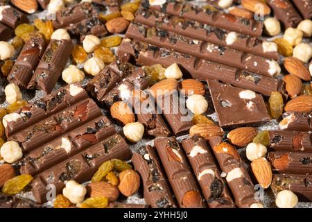 Barres de chocolat aux noisettes parmi les noix dispersées et les raisins secs Banque D'Images