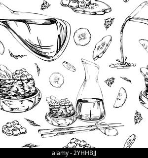 Nourriture japonaise, sushi gunkan avec caviar de saumon de poisson cru, tranches de concombre dans un bol en céramique, sauce soja, baguettes, dessiné à la main dans un stylo vectoriel, encre Illustration de Vecteur