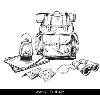 Composition touristique avec sac à dos et binoculaire. Lampe de randonnée et différents livres noirs blancs dans un style linéaire. Illustration vectorielle de carte en linéaire Illustration de Vecteur