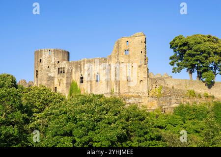 Barnard Castle Teesdale - regardant vers le haut les ruines des murs et le donjon du château médiéval dans le comté de Barnard Castle Durham Angleterre GB Europe Banque D'Images