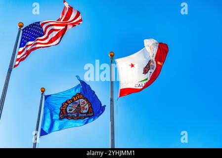 Trois drapeaux en face de Los Angeles City Hall. Los Angelos, Californie, USA. Banque D'Images