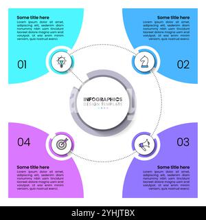 Modèle d'infographie avec icônes et 4 options ou étapes. Cercle. Peut être utilisé pour la mise en page de flux de travail, le diagramme, la bannière, la conception Web. Illustration vectorielle Illustration de Vecteur